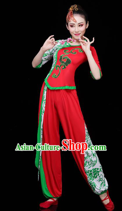 China Drum Dance Yangko Dance Clothing Traditional Folk Dance Fan Dance Red Outfits