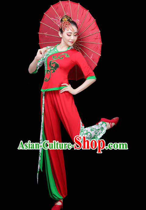 China Drum Dance Yangko Dance Clothing Traditional Folk Dance Fan Dance Red Outfits