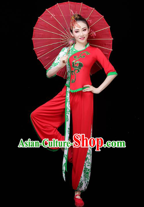 China Drum Dance Yangko Dance Clothing Traditional Folk Dance Fan Dance Red Outfits