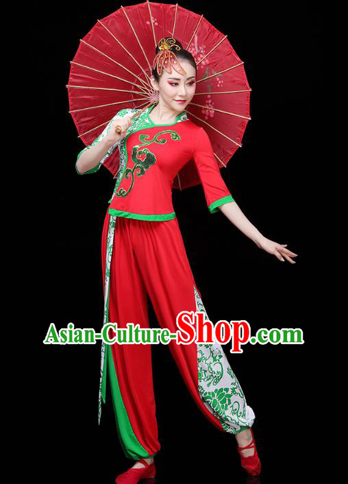 China Drum Dance Yangko Dance Clothing Traditional Folk Dance Fan Dance Red Outfits