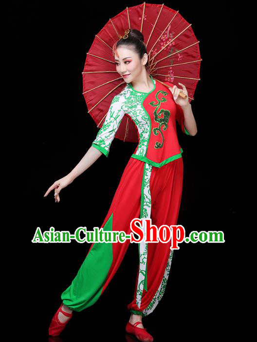 China Drum Dance Yangko Dance Clothing Traditional Folk Dance Fan Dance Red Outfits