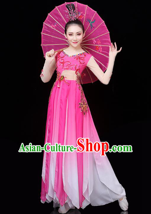 Chinese Traditional Woman Group Dance Costume Umbrella Dance Clothing Classical Dance Rosy Dress