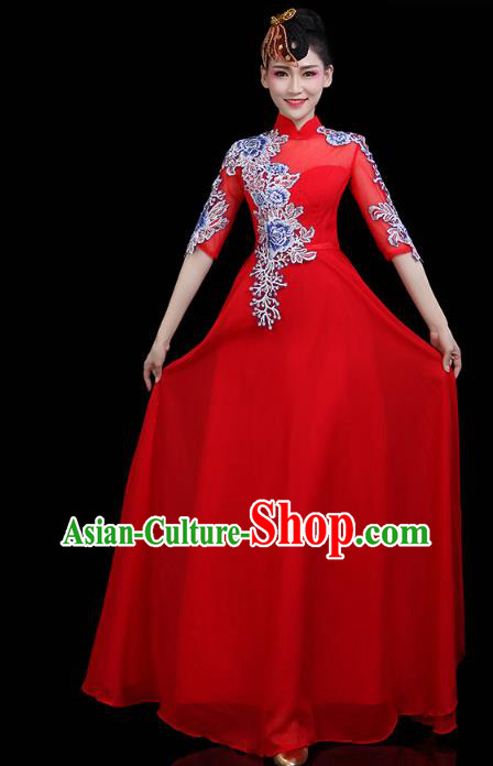 China Woman Embroidered Chorus Costume Modern Dance Clothing Opening Dance Red Dress