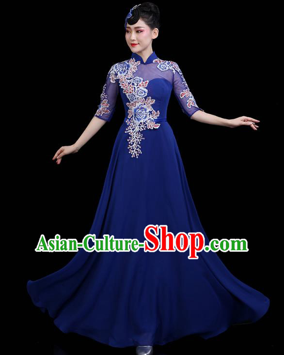 China Opening Dance Deep Blue Dress Woman Embroidered Chorus Costume Modern Dance Clothing