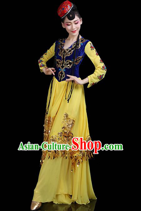Chinese Xinjiang Ethnic Woman Yellow Dress Traditional Uygur Nationality Dance Performance Costume