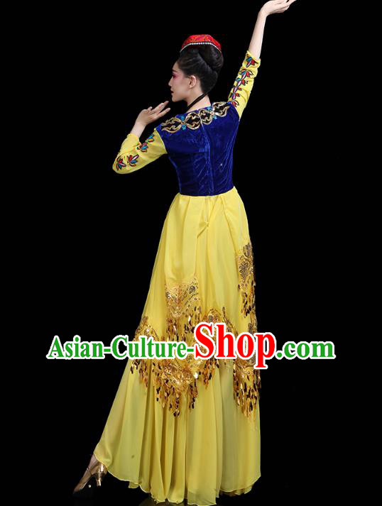 Chinese Xinjiang Ethnic Woman Yellow Dress Traditional Uygur Nationality Dance Performance Costume
