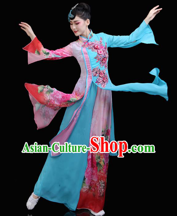 Chinese Classical Dance Embroidered Blue Dress Traditional Woman Group Dance Costume Umbrella Dance Clothing