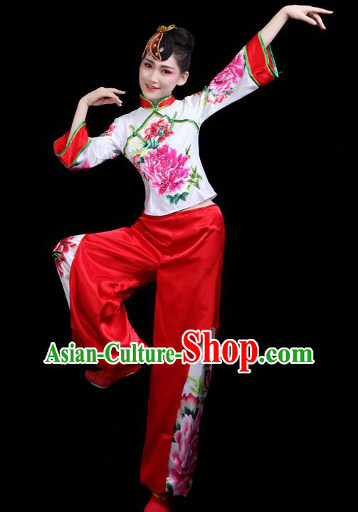 China Traditional Folk Dance Stage Performance Printing Peony Outfits Yangko Dance Fan Dance Clothing