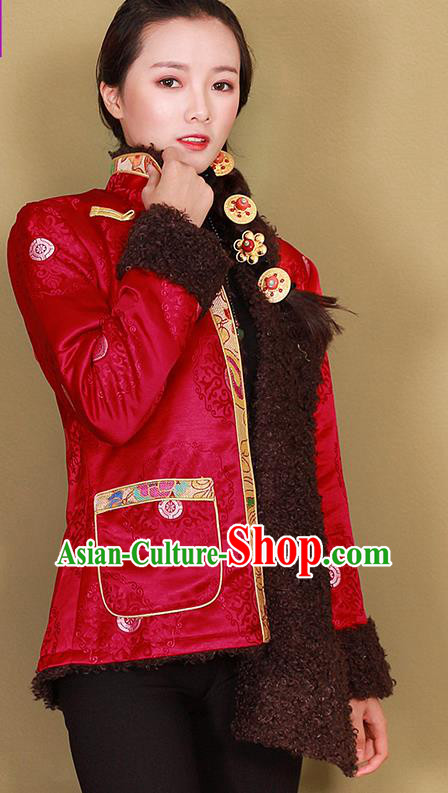 Chinese Traditional Zang Nationality Woman Outer Garment Clothing Tibetan Ethnic Red Brocade Cotton Wadded Jacket