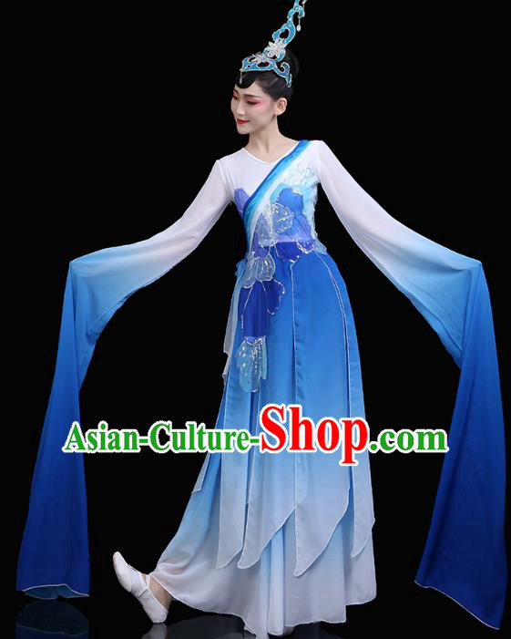 Chinese Traditional Woman Group Lotus Dance Costume Classical Dance Clothing Water Sleeve Dance Blue Dress