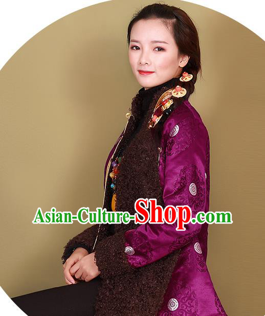 Chinese Traditional Winter Clothing Tibetan Ethnic Purple Brocade Cotton Wadded Jacket Zang Nationality Woman Outer Garment
