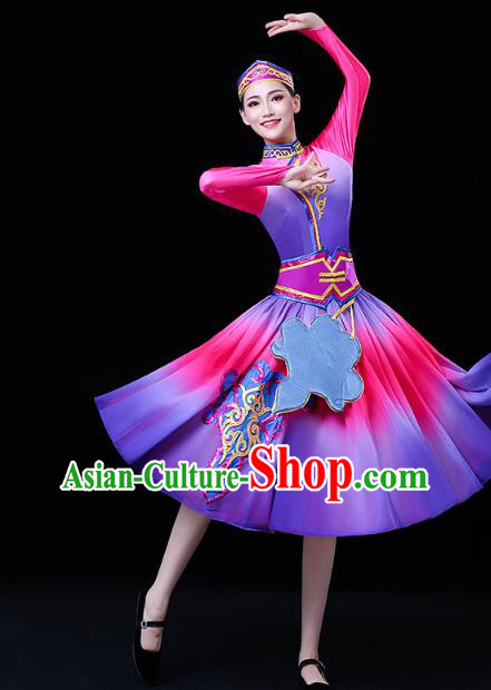 Chinese Mongol Ethnic Stage Performance Purple Dress Traditional Mongolian Nationality Dance Costume