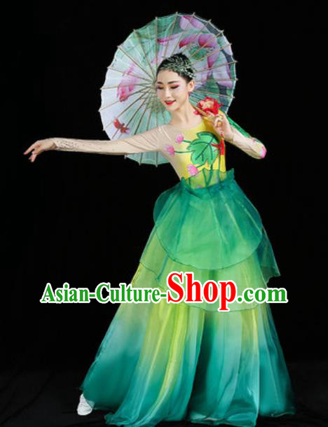 Chinese Classical Dance Clothing Umbrella Dance Green Dress Traditional Woman Group Dance Costume