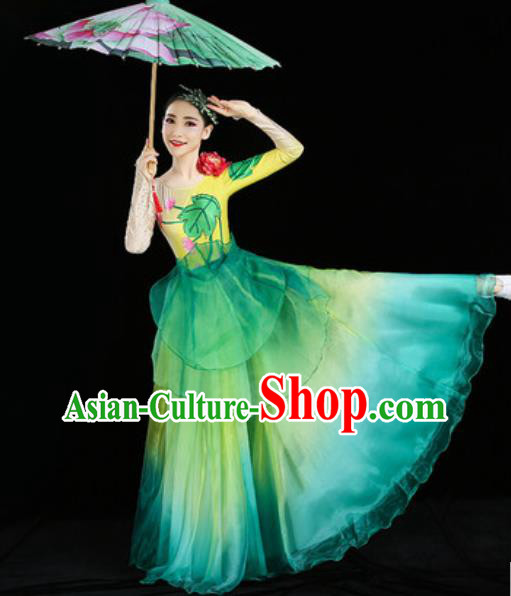 Chinese Classical Dance Clothing Umbrella Dance Green Dress Traditional Woman Group Dance Costume