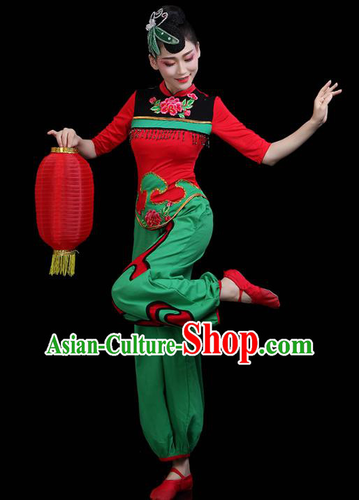China Jiaozhou Yangko Dance Clothing Traditional Folk Dance Fan Dance Green Outfits
