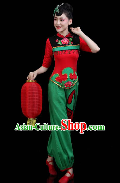 China Jiaozhou Yangko Dance Clothing Traditional Folk Dance Fan Dance Green Outfits