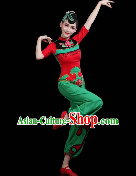 China Jiaozhou Yangko Dance Clothing Traditional Folk Dance Fan Dance Green Outfits
