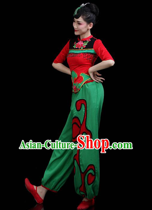 China Jiaozhou Yangko Dance Clothing Traditional Folk Dance Fan Dance Green Outfits