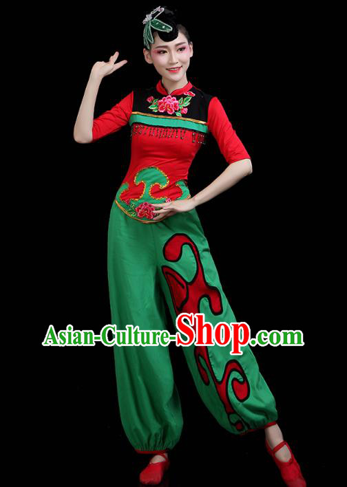 China Jiaozhou Yangko Dance Clothing Traditional Folk Dance Fan Dance Green Outfits