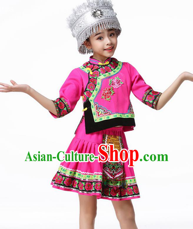 Chinese Hmong Ethnic Folk Dance Clothing Traditional Miao Minority Children Performance Rosy Dress Outfits