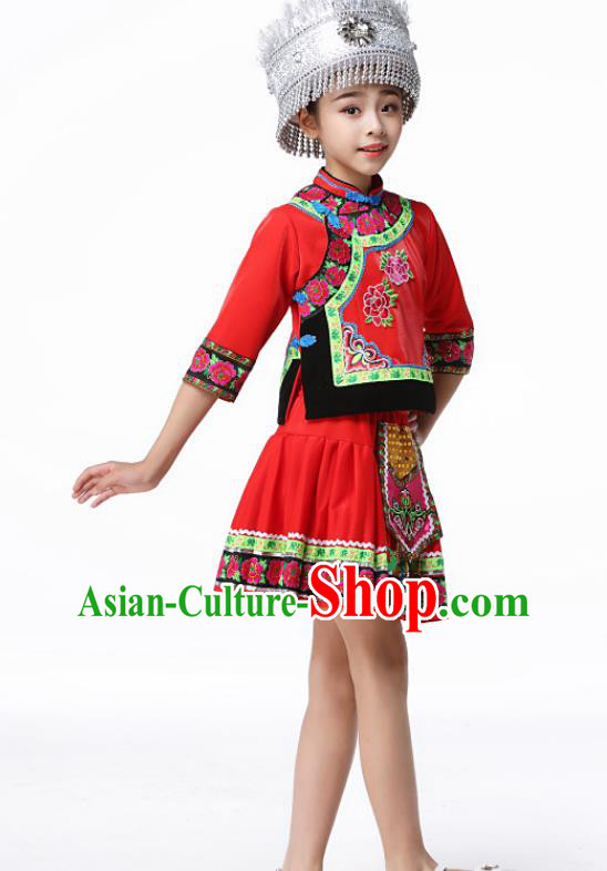 Chinese Hmong Ethnic Girl Performance Clothing Traditional Miao Minority Children Dance Red Dress Outfits