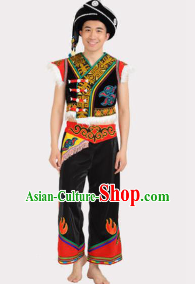Chinese Traditional Yi Minority Male Stage Performance Black Outfits Liangshan Ethnic Folk Dance Clothing