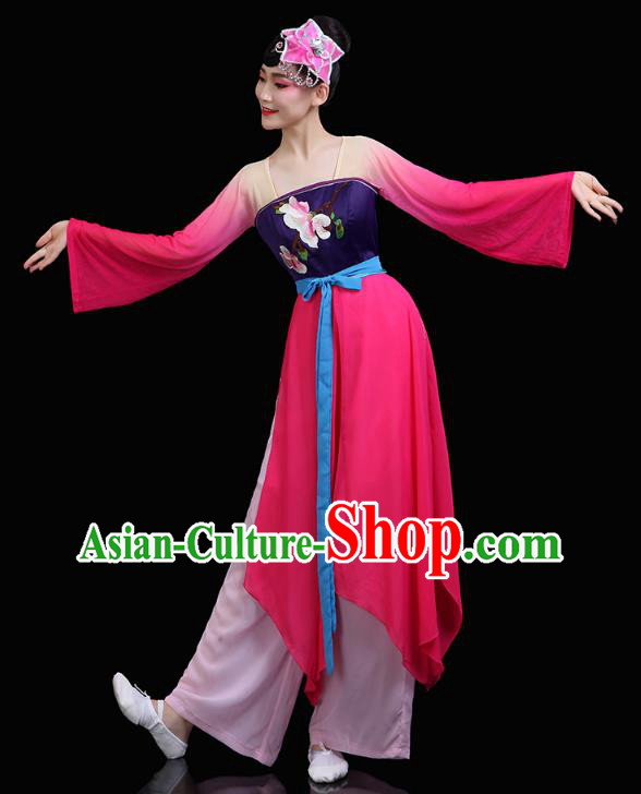 Chinese Umbrella Dance Rosy Dress Traditional Woman Group Dance Costume Classical Dance Clothing