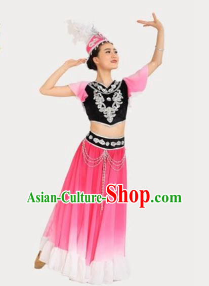 Chinese Xinjiang Ethnic Performance Pink Dress Outfits Traditional Uygur Nationality Female Dance Costumes