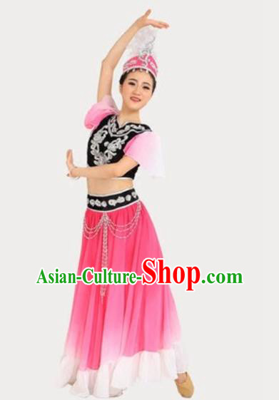 Chinese Xinjiang Ethnic Performance Pink Dress Outfits Traditional Uygur Nationality Female Dance Costumes