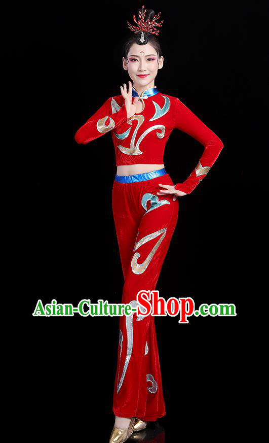 China Modern Dance Costume Bodybuilding Competition Red Outfits Aerobics Training Clothing