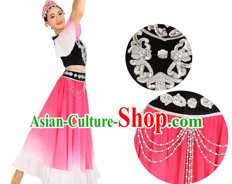 Chinese Xinjiang Ethnic Performance Pink Dress Outfits Traditional Uygur Nationality Female Dance Costumes