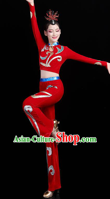 China Modern Dance Costume Bodybuilding Competition Red Outfits Aerobics Training Clothing