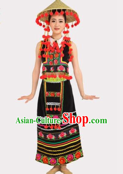 Chinese Ethnic Village Girl Black Dress Outfits Traditional Li Nationality Folk Dance Costumes and Bamboo Hat