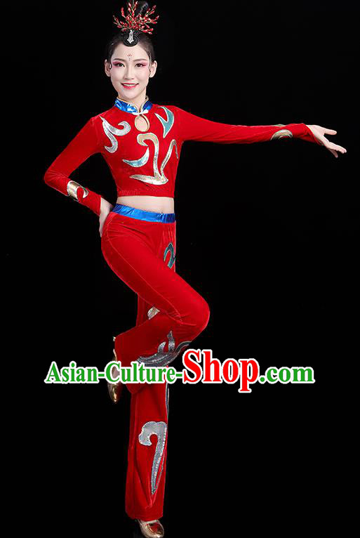 China Modern Dance Costume Bodybuilding Competition Red Outfits Aerobics Training Clothing