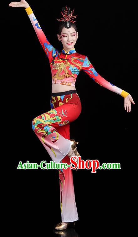 China Bodybuilding Competition Printing Dragon Red Outfits Aerobics Training Clothing Modern Dance Costume