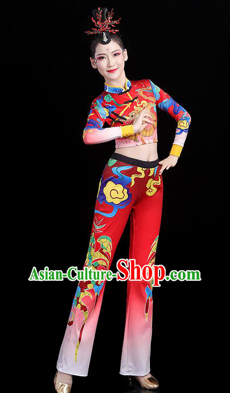 China Bodybuilding Competition Printing Dragon Red Outfits Aerobics Training Clothing Modern Dance Costume