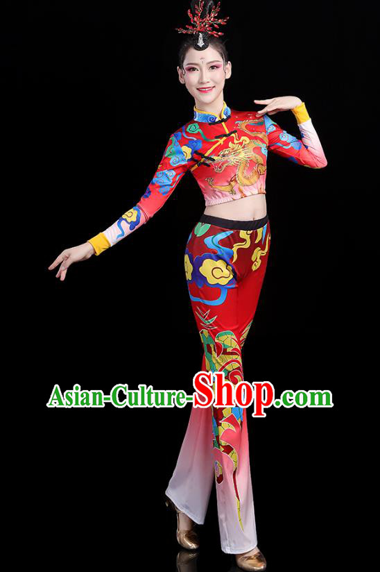 China Bodybuilding Competition Printing Dragon Red Outfits Aerobics Training Clothing Modern Dance Costume