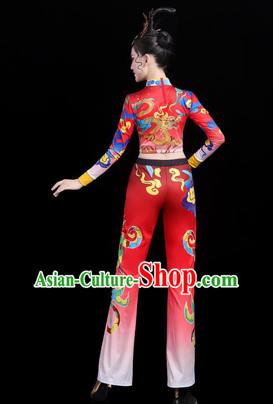 China Bodybuilding Competition Printing Dragon Red Outfits Aerobics Training Clothing Modern Dance Costume