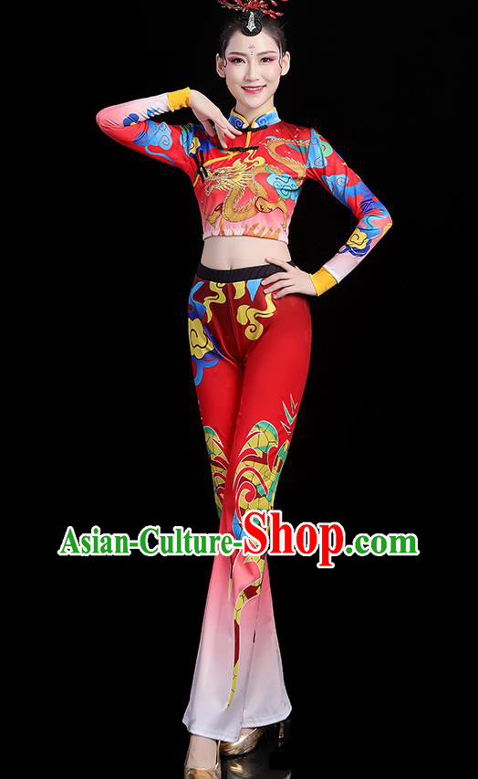 China Bodybuilding Competition Printing Dragon Red Outfits Aerobics Training Clothing Modern Dance Costume