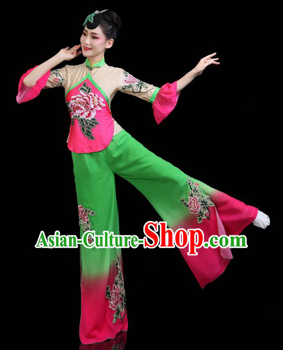 China Yangko Dance Clothing Traditional Folk Dance Fan Dance Printing Peony Outfits