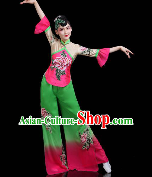 China Yangko Dance Clothing Traditional Folk Dance Fan Dance Printing Peony Outfits