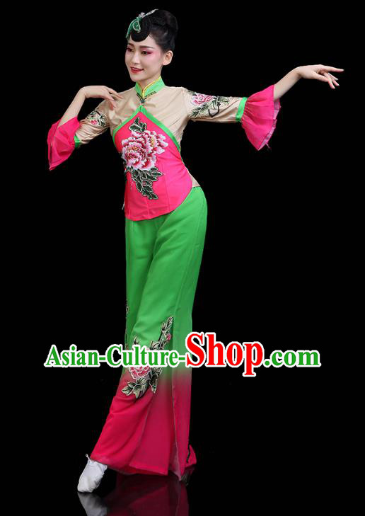 China Yangko Dance Clothing Traditional Folk Dance Fan Dance Printing Peony Outfits
