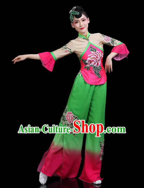 China Yangko Dance Clothing Traditional Folk Dance Fan Dance Printing Peony Outfits