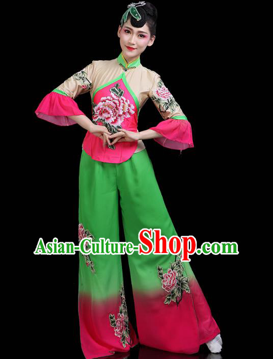 China Yangko Dance Clothing Traditional Folk Dance Fan Dance Printing Peony Outfits