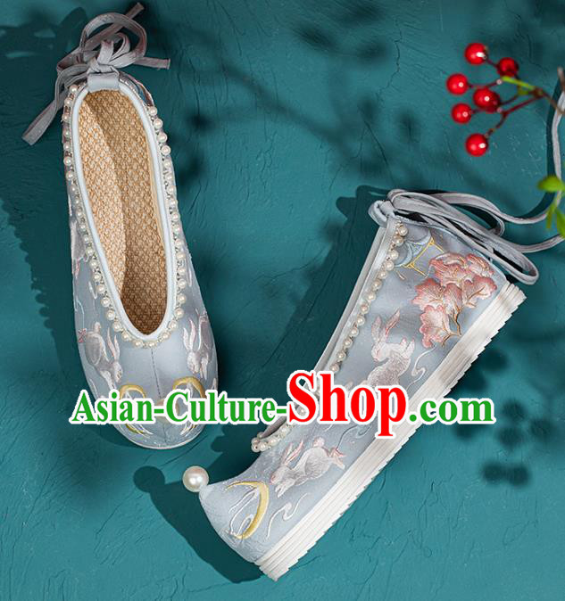 China Embroidered Rabbits Pearls Shoes Traditional Ming Dynasty Princess Shoes Handmade Hanfu Blue Bow Shoes