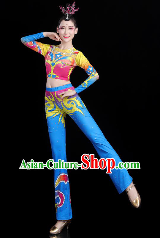 China Aerobics Bodybuilding Competition Clothing Group Dance Costume Cheerleading Girl Blue Outfits