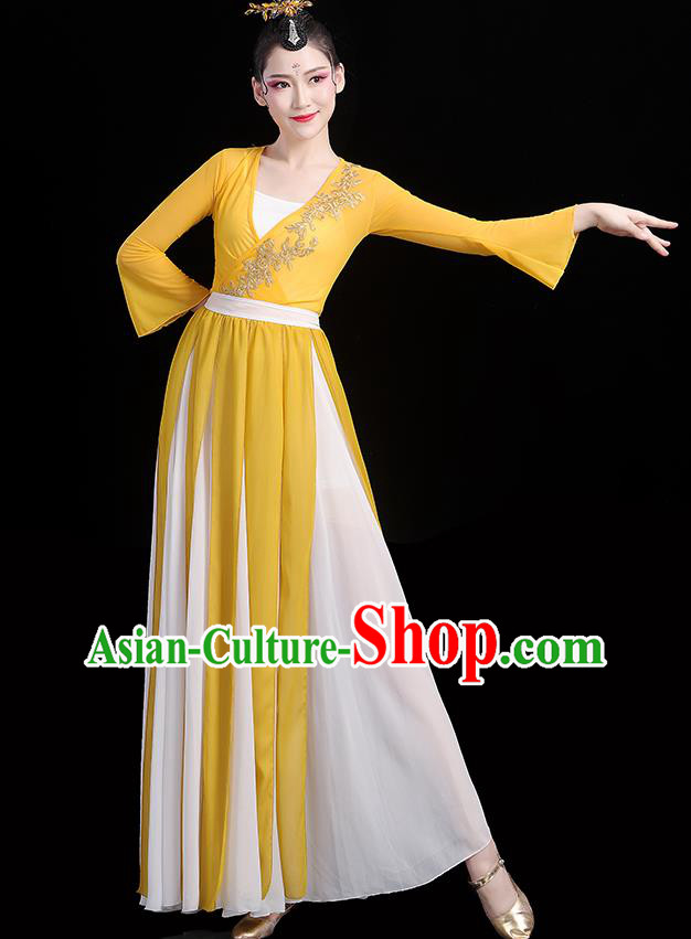 Chinese Classical Dance Yellow Dress Traditional Stage Performance Fan Dance Clothing