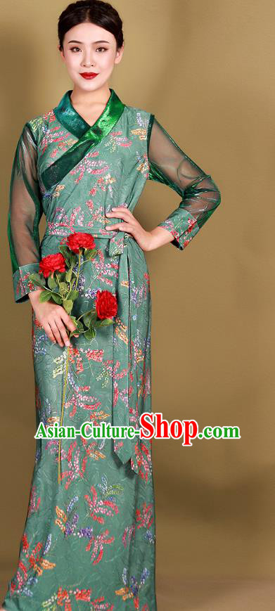 China Traditional Zang Nationality Minority Clothing Tibetan Kangba Woman Green Bola Dress