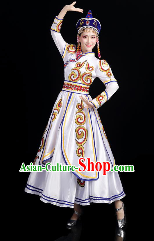 Chinese Traditional Mongol Nationality Folk Dance Costumes Mongolian Ethnic Minority Woman White Dress