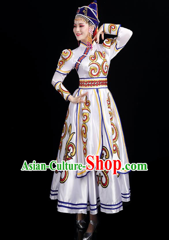 Chinese Traditional Mongol Nationality Folk Dance Costumes Mongolian Ethnic Minority Woman White Dress